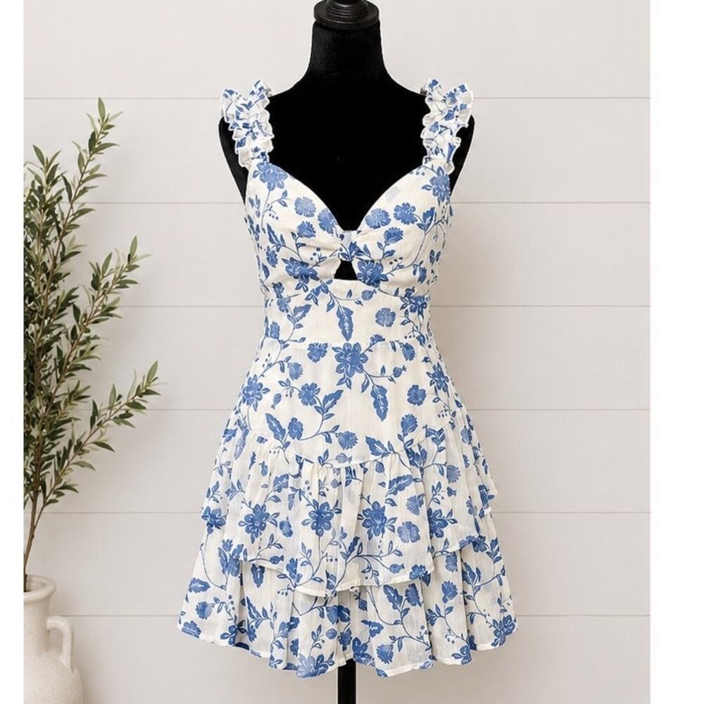 Altar'd State Blue White Floral Metallic Stripe Lace Up Back Mini Dress M NWOT